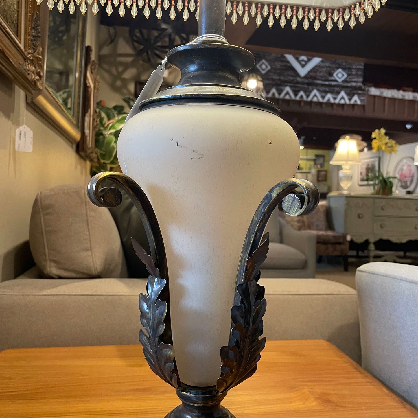 Frosted Glass & Bronze Lamp w/ Beaded Shade