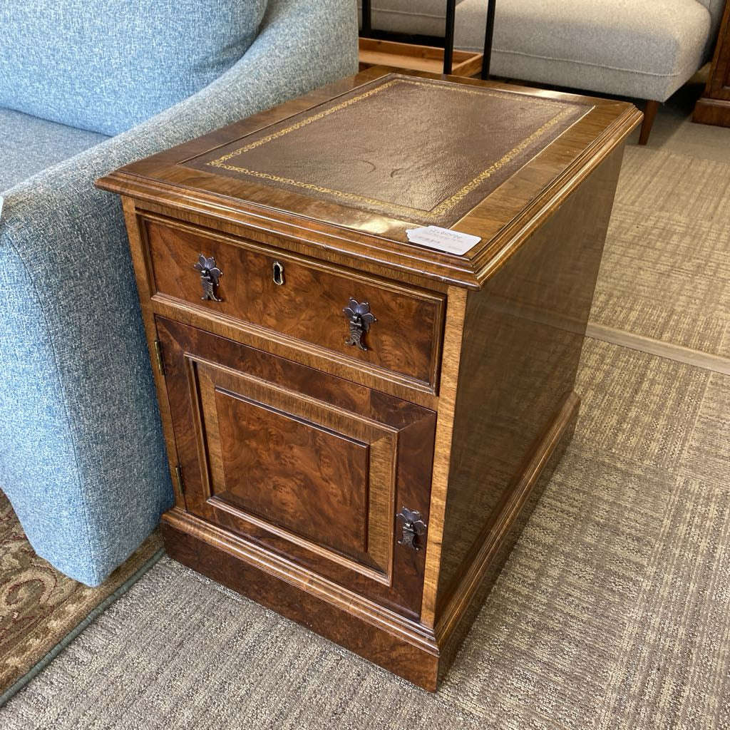 French Burl Leather Top Side Cabinet (AS IS)