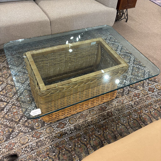 Coastal Rattan Blocky Glass Top Coffee Table