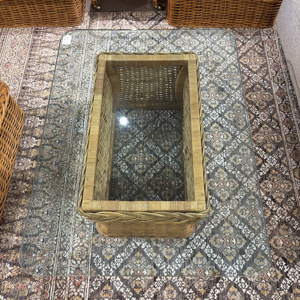 Coastal Rattan Blocky Glass Top Coffee Table