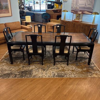 Post Modern Chin Hua Burled Wood & Black Lacquer Dining Table & Set of Chairs