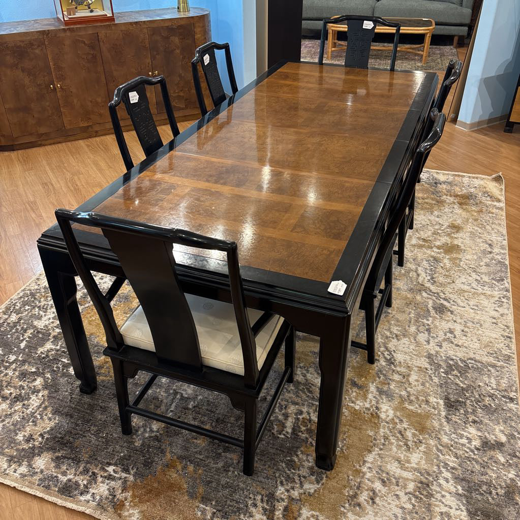 Post Modern Chin Hua Burled Wood & Black Lacquer Dining Table & Set of Chairs