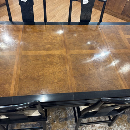 Post Modern Chin Hua Burled Wood & Black Lacquer Dining Table & Set of Chairs