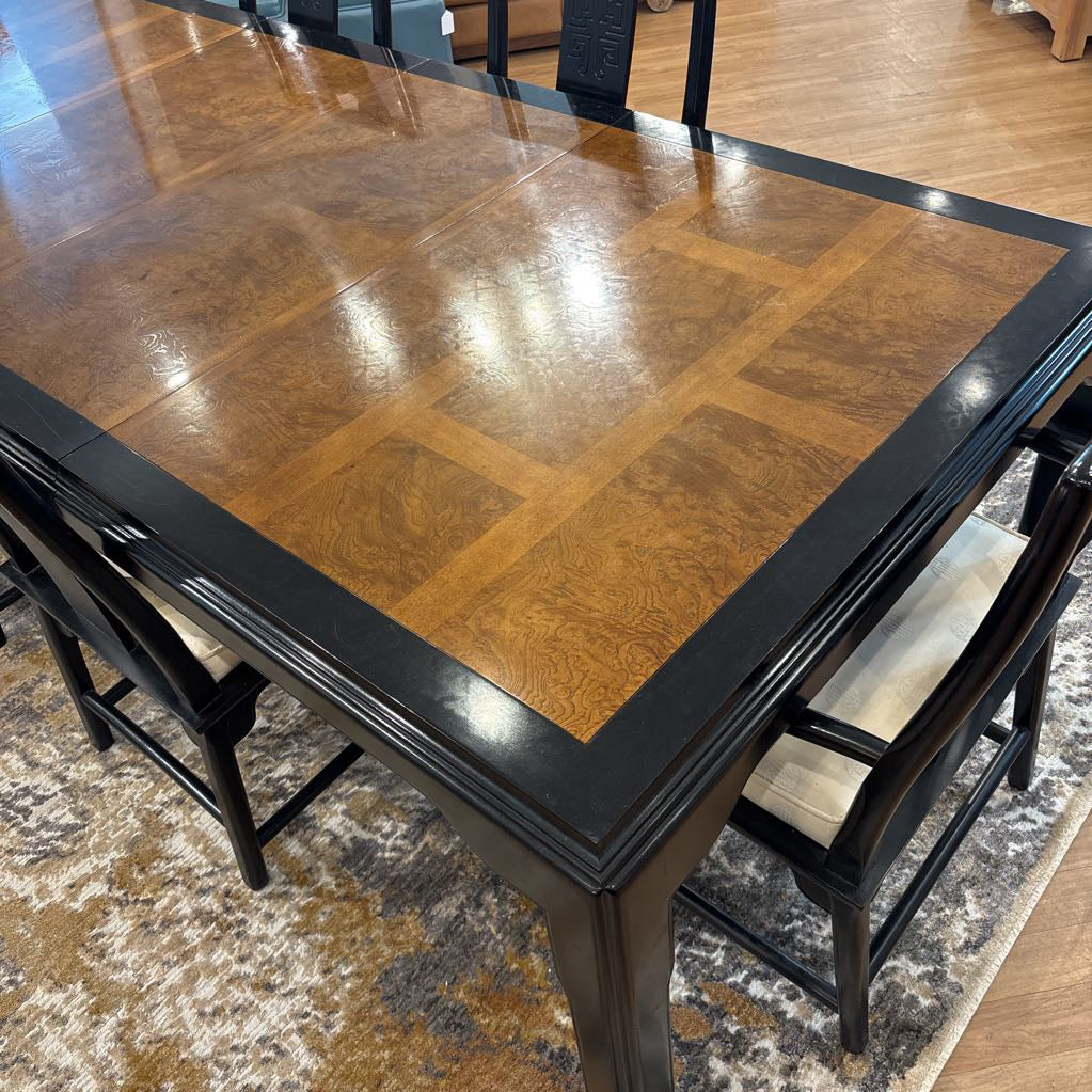 Post Modern Chin Hua Burled Wood & Black Lacquer Dining Table & Set of Chairs