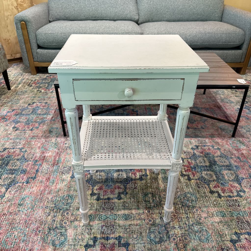 Painted White End Table w Cane Shelf