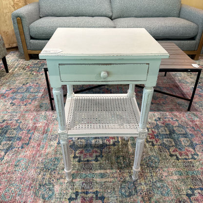 Painted White End Table w Cane Shelf