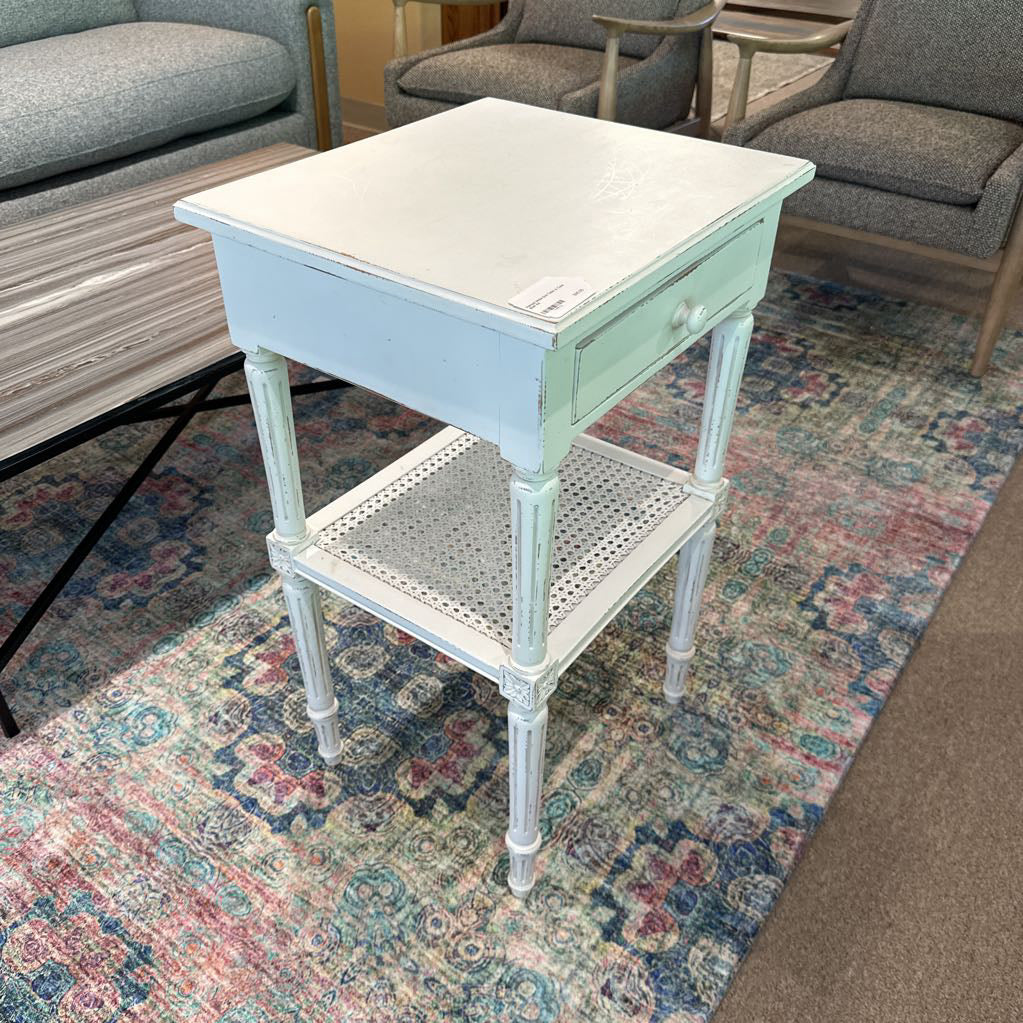 Painted White End Table w Cane Shelf
