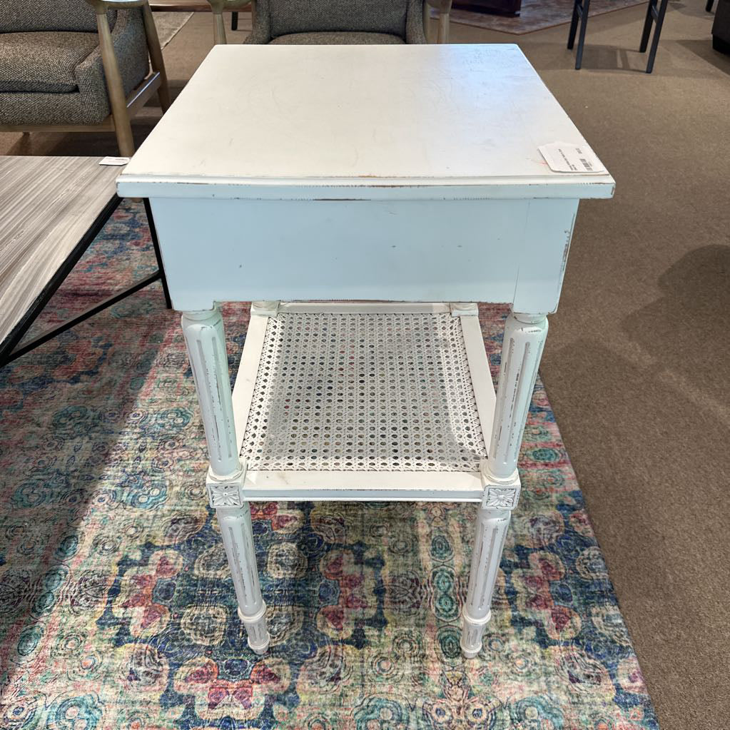 Painted White End Table w Cane Shelf