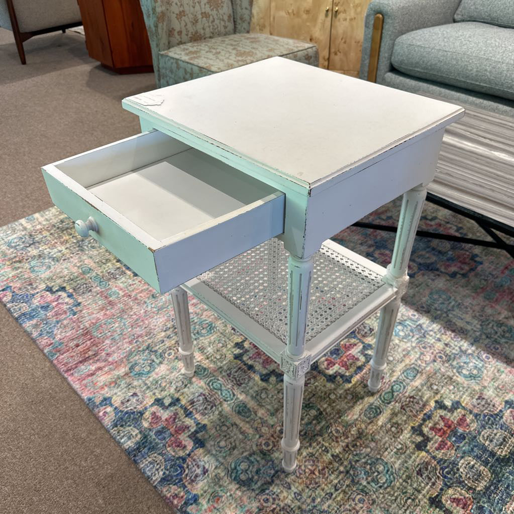 Painted White End Table w Cane Shelf