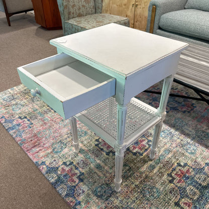 Painted White End Table w Cane Shelf