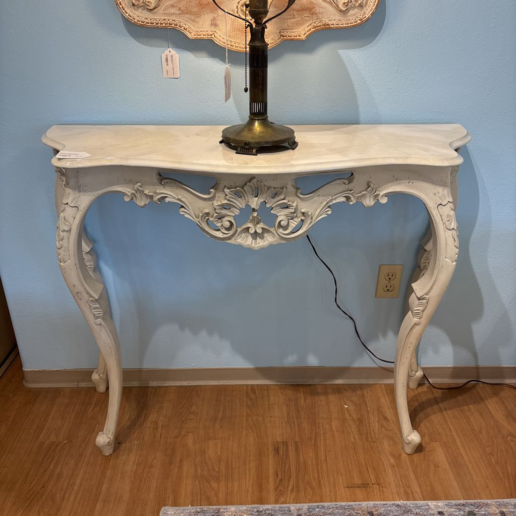 Ornate Carved Faux Stone Demilune Console Table