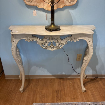Ornate Carved Faux Stone Demilune Console Table