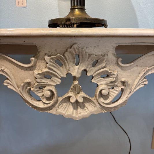 Ornate Carved Faux Stone Demilune Console Table