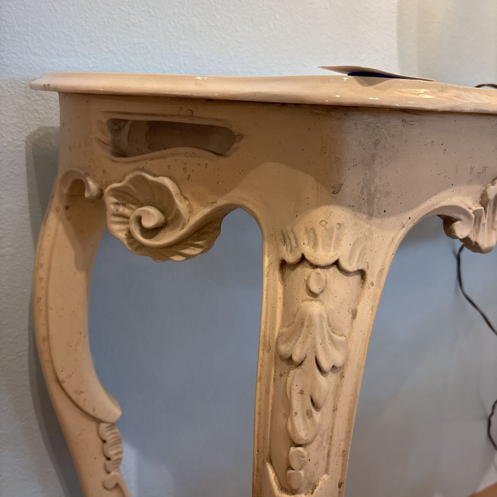 Ornate Carved Faux Stone Demilune Console Table