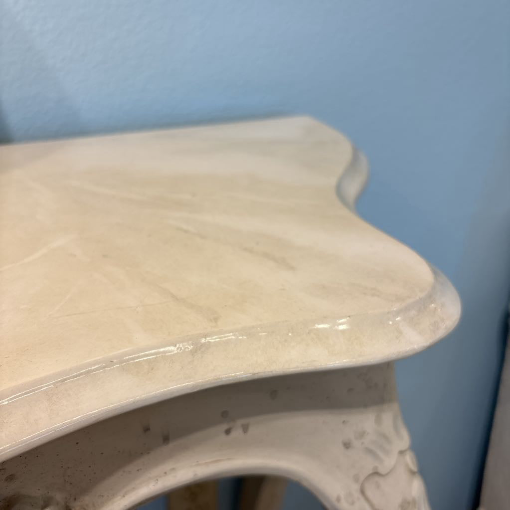 Ornate Carved Faux Stone Demilune Console Table