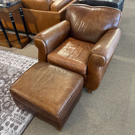 Mitchell Gold Chestnut Leather Club Chair + Ottoman