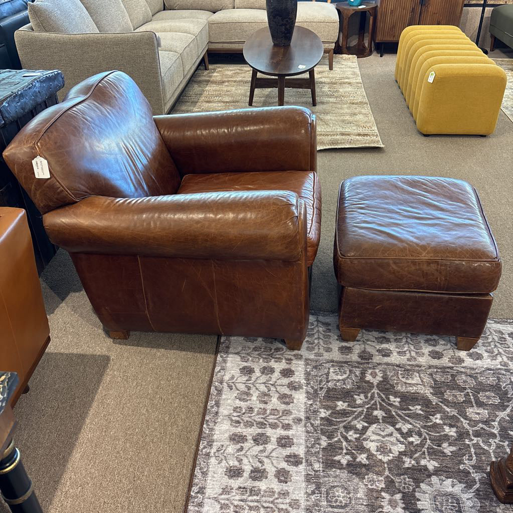 Mitchell Gold Chestnut Leather Club Chair + Ottoman