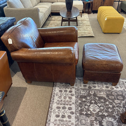 Mitchell Gold Chestnut Leather Club Chair + Ottoman