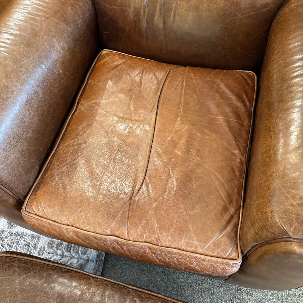 Mitchell Gold Chestnut Leather Club Chair + Ottoman