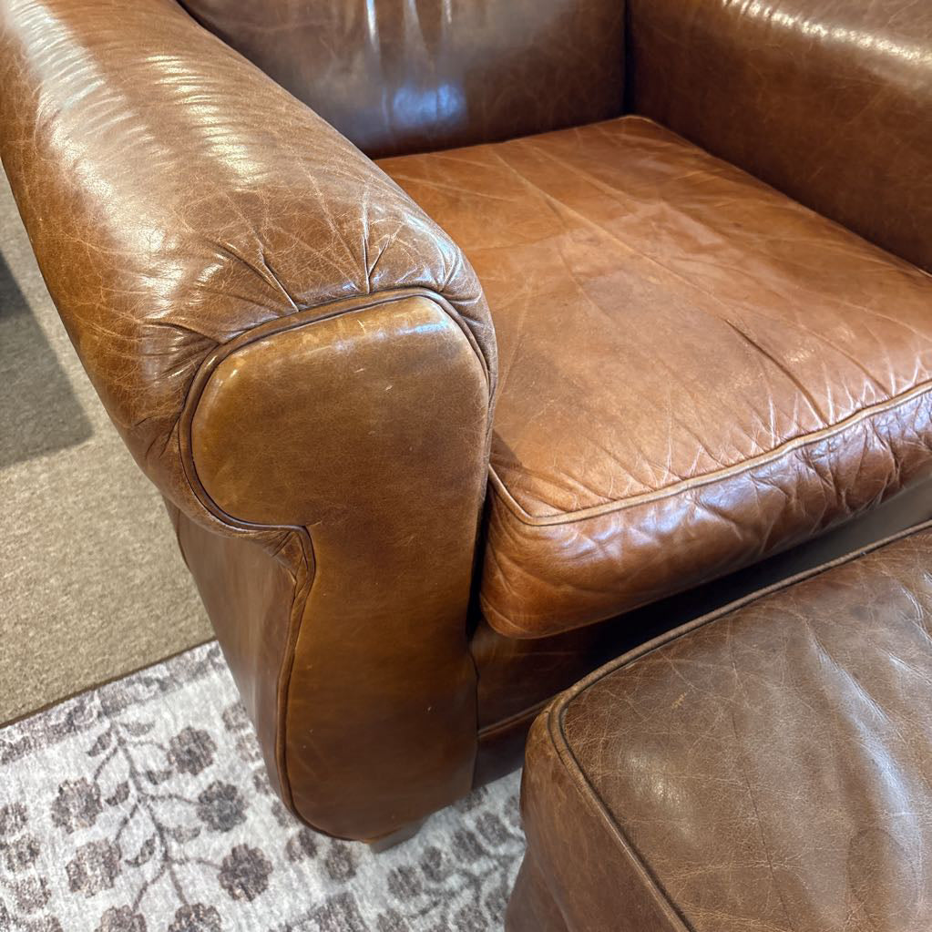 Mitchell Gold Chestnut Leather Club Chair + Ottoman