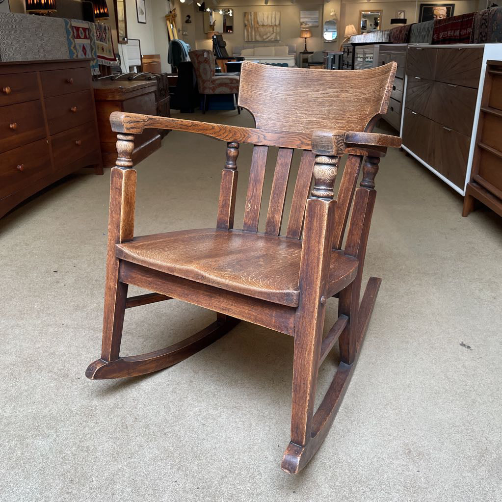 Oak Craftsman Style Rocking Chair with Turned Wood Accents