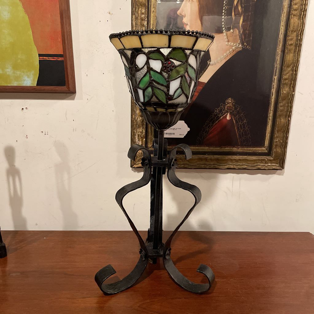 Stained Glass Lamp with Curly Wrought Iron Base