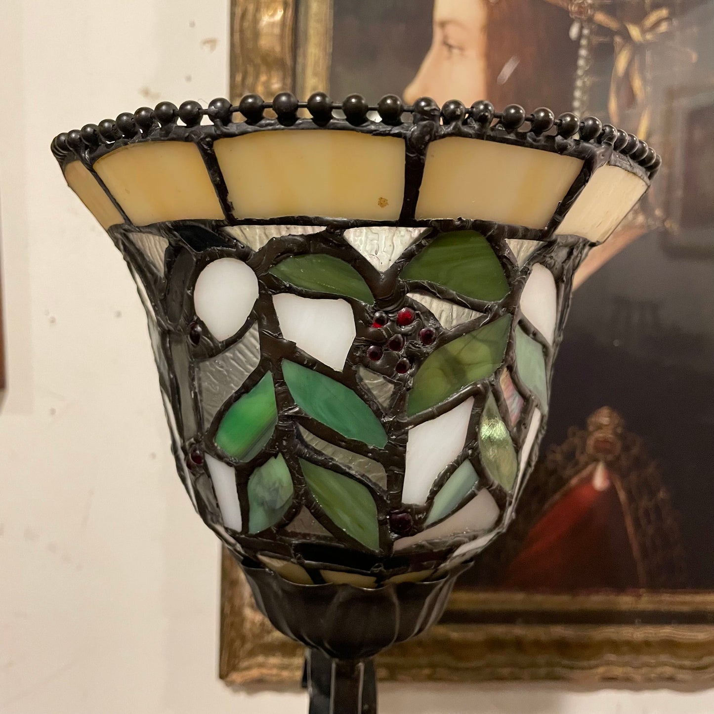 Stained Glass Lamp with Curly Wrought Iron Base