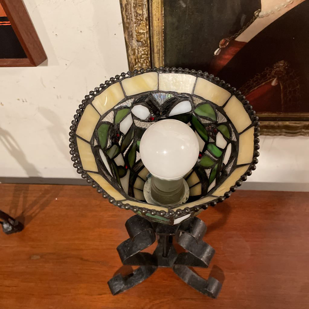 Stained Glass Lamp with Curly Wrought Iron Base