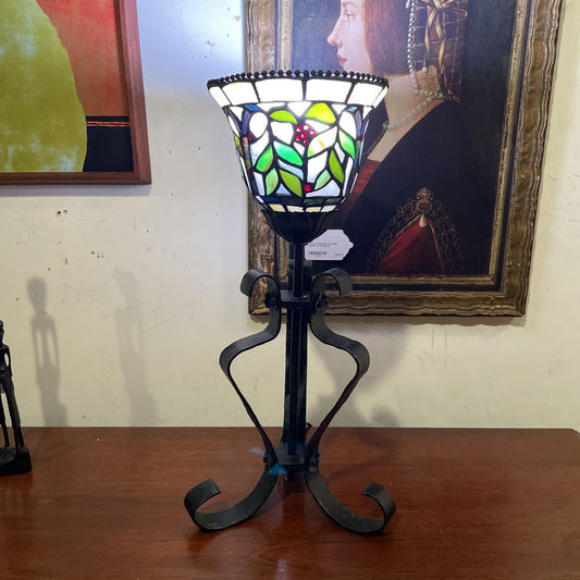 Stained Glass Lamp with Curly Wrought Iron Base LAMPS