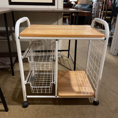 White Metal + Wood Rolling Cart