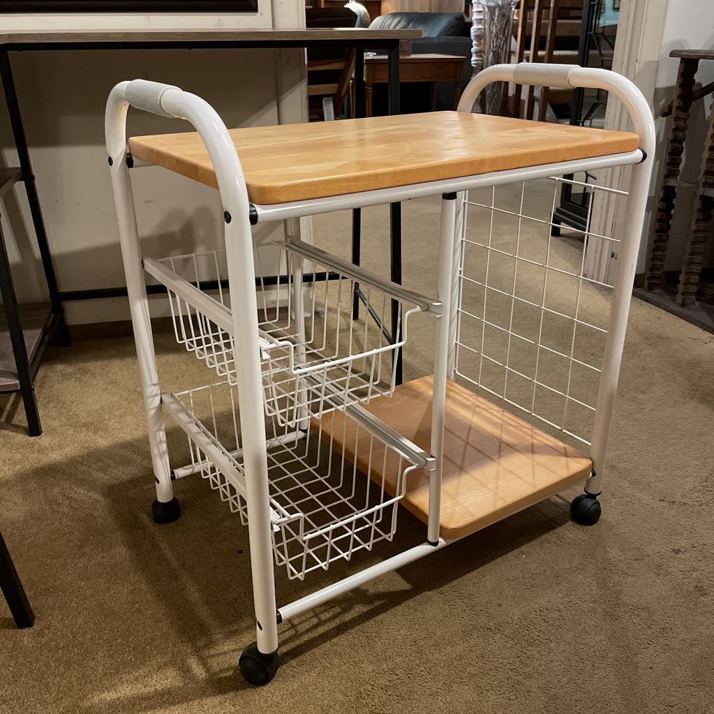 White Metal + Wood Rolling Cart