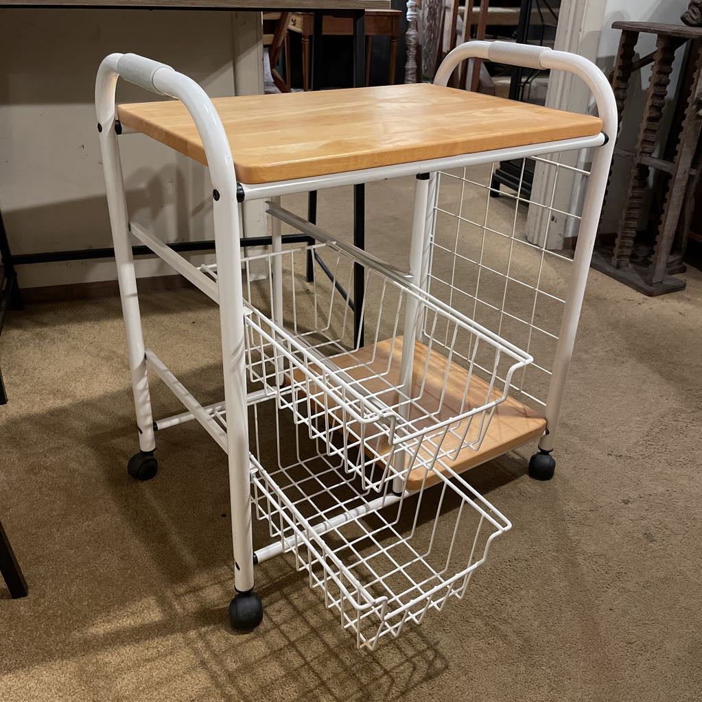 White Metal + Wood Rolling Cart