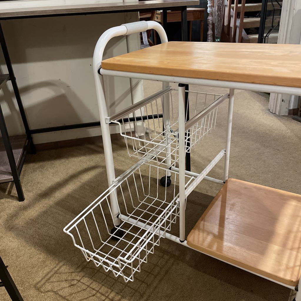White Metal + Wood Rolling Cart