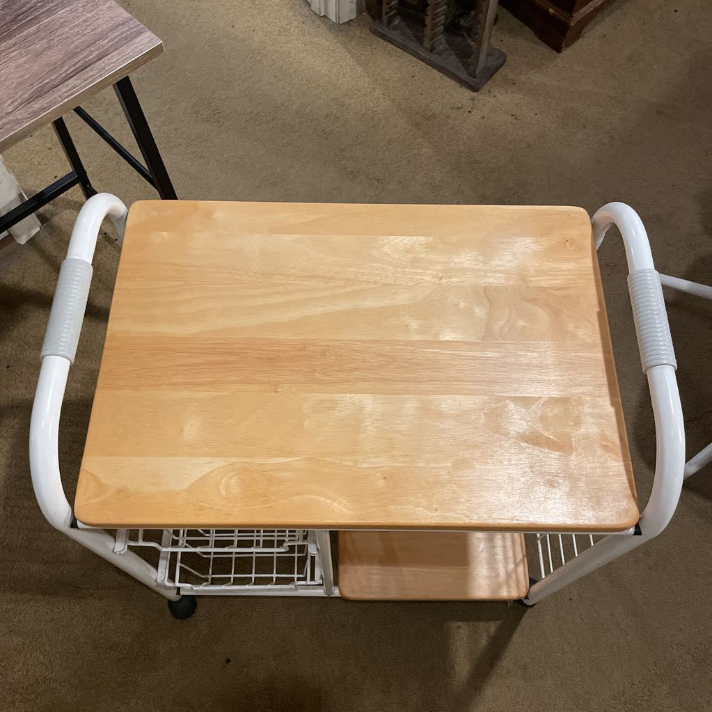 White Metal + Wood Rolling Cart