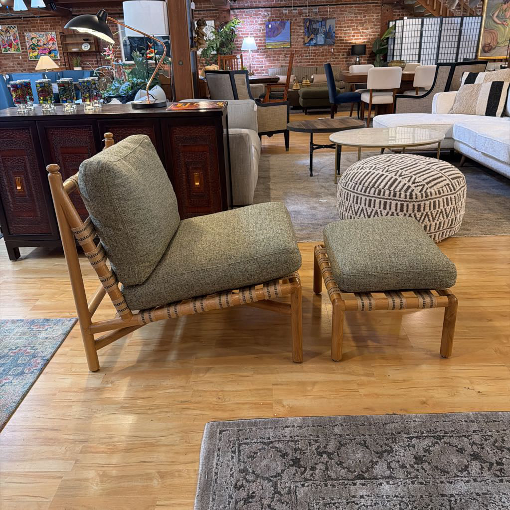 Norwalk Green Upholstry Blonde Wood Frame Accent Chair w/ Ottoman