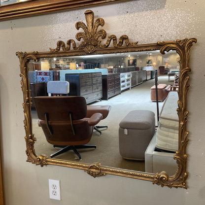 Large Fancy Gold Frame Mirror with 3 Feathers Top Detail