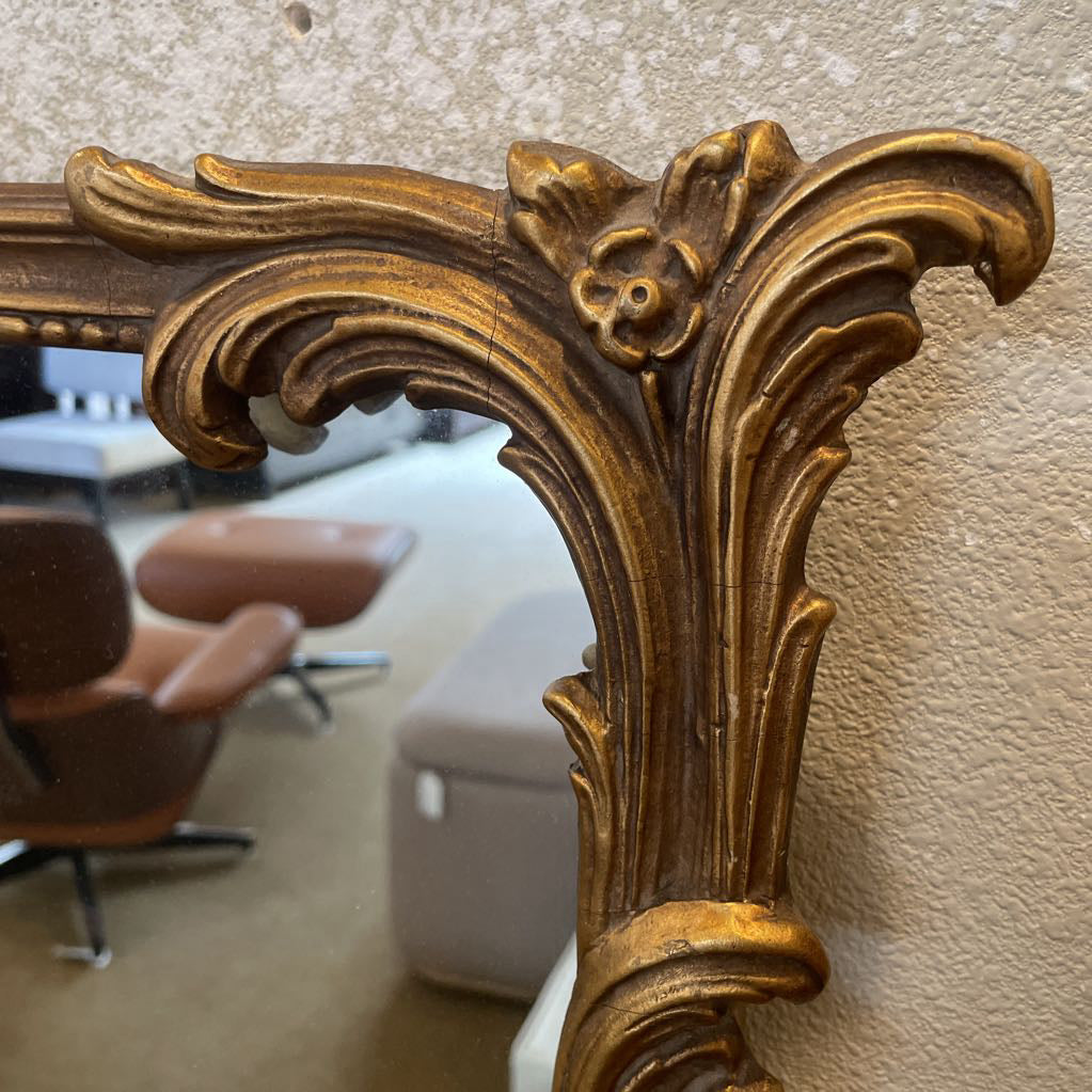 Large Fancy Gold Frame Mirror with 3 Feathers Top Detail