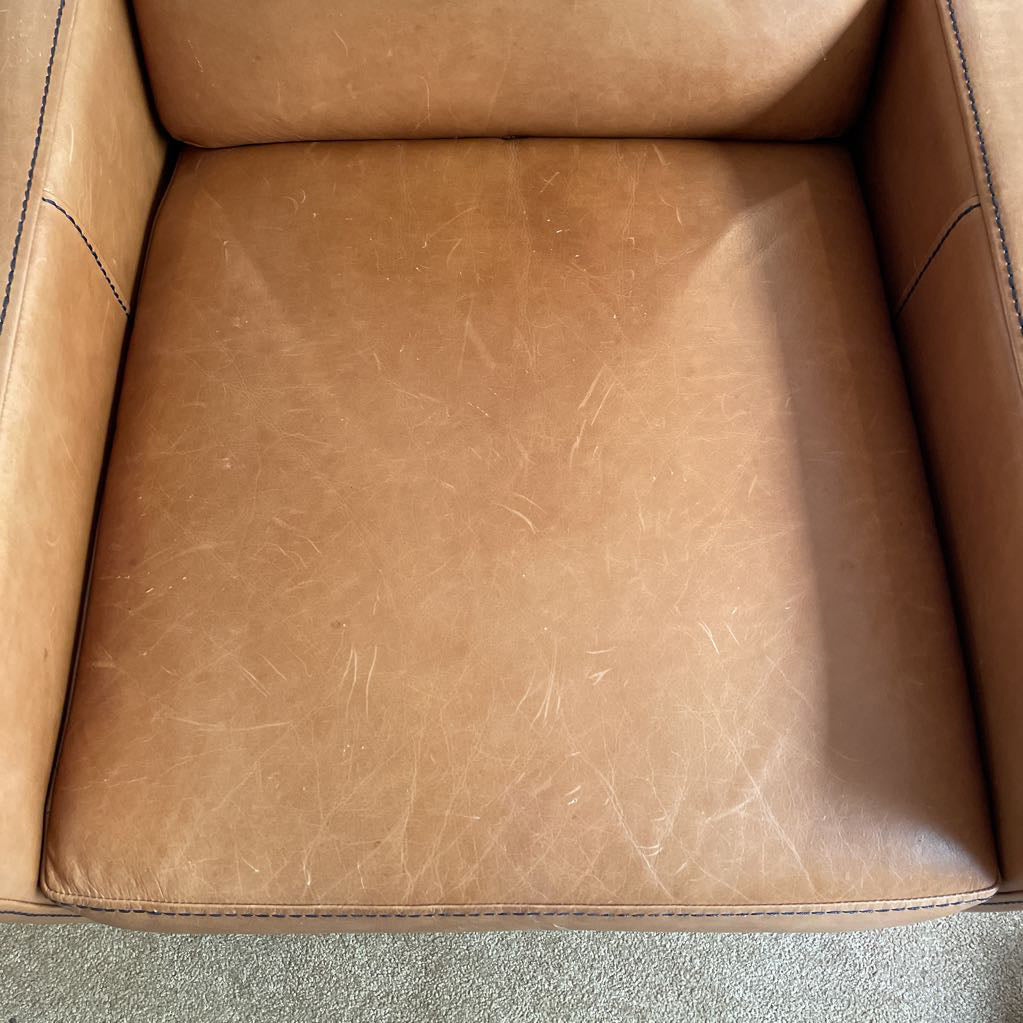 West Elm Caramel Leather w/ Black Stitching Manual Recliner Chair AS IS