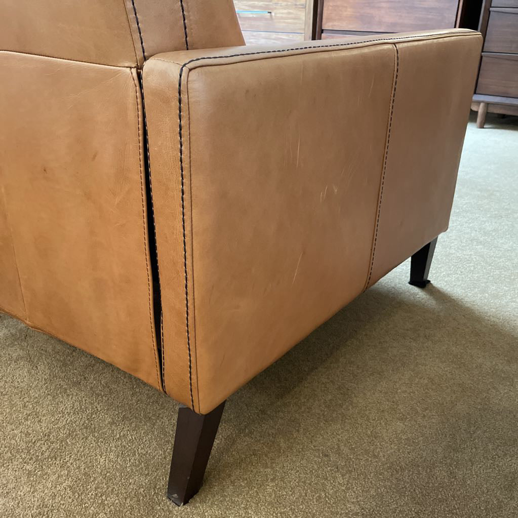 West Elm Caramel Leather w/ Black Stitching Manual Recliner Chair AS IS