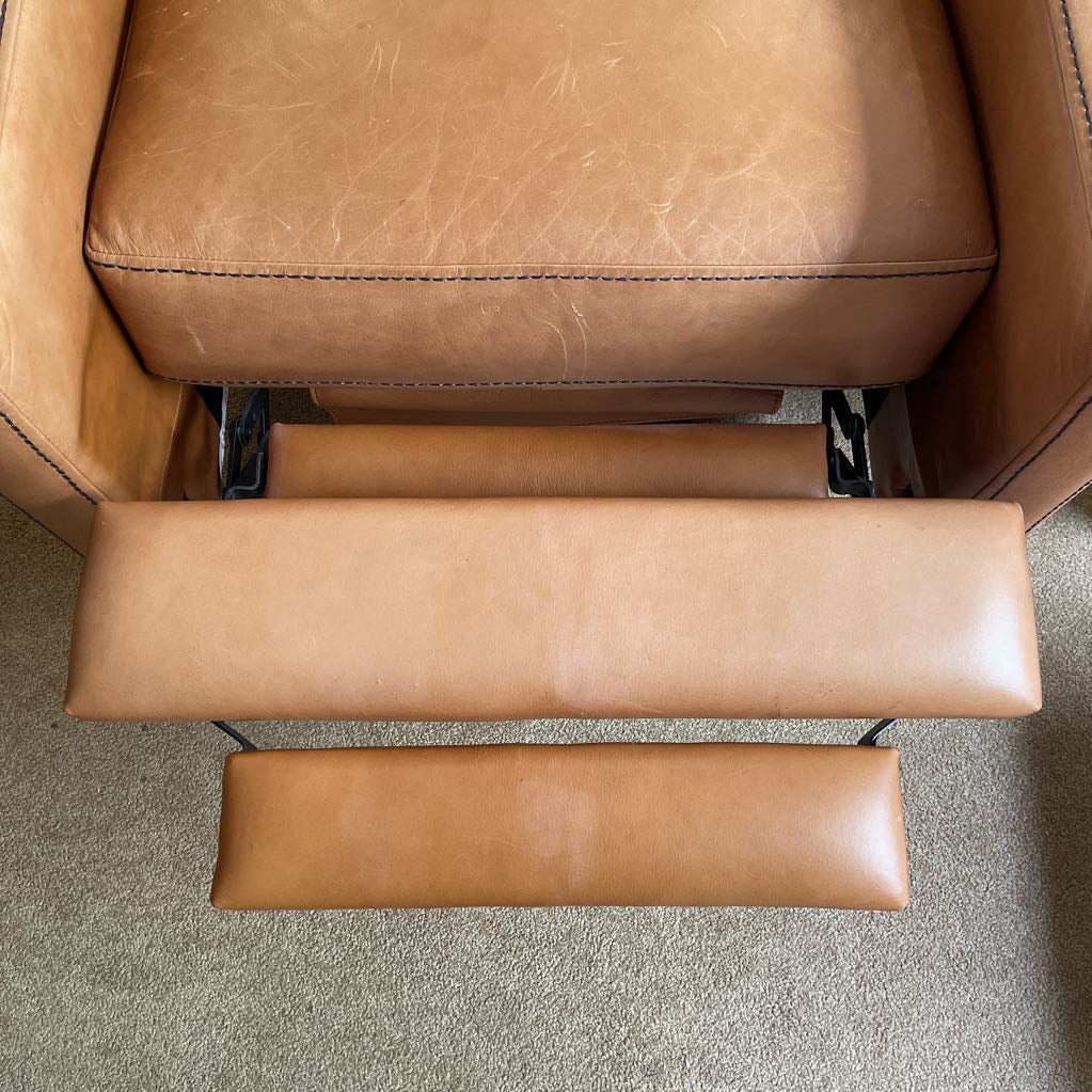 West Elm Caramel Leather w/ Black Stitching Manual Recliner Chair AS IS