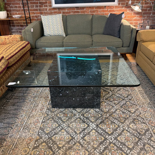 Dark Marble Base Coffee Table w/ Rounded Square Glass Top