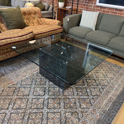 Dark Marble Base Coffee Table w/ Rounded Square Glass Top