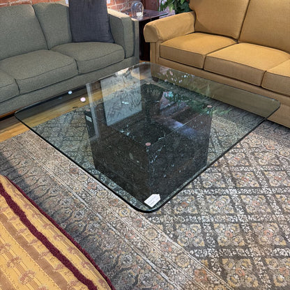 Dark Marble Base Coffee Table w/ Rounded Square Glass Top