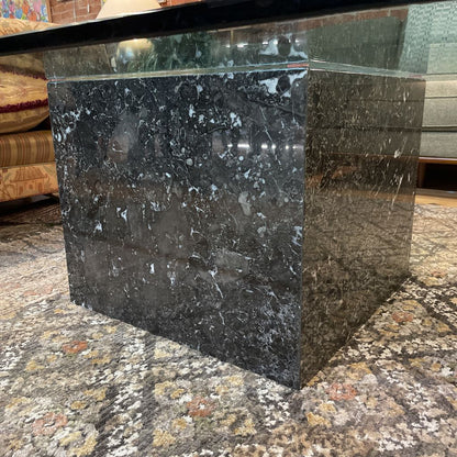 Dark Marble Base Coffee Table w/ Rounded Square Glass Top C COFFEE TABLES
