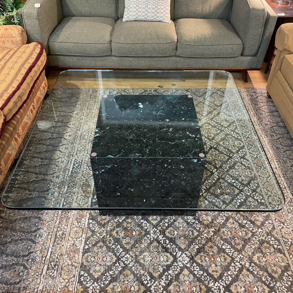 Dark Marble Base Coffee Table w/ Rounded Square Glass Top C COFFEE TABLES