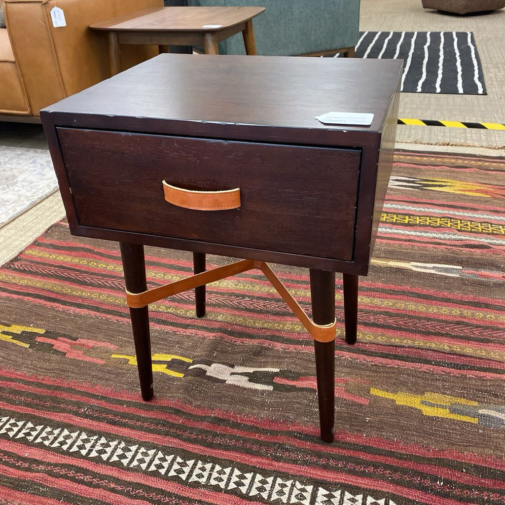 Dark Wood Side Table w/Leather Accents