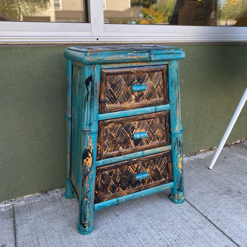 Teal Shabby Chic Rattan Three Drawer Side Table