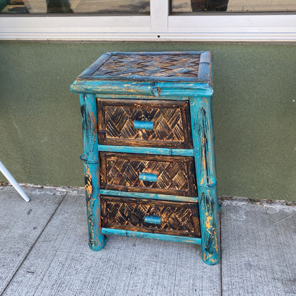 Teal Shabby Chic Rattan Three Drawer Side Table