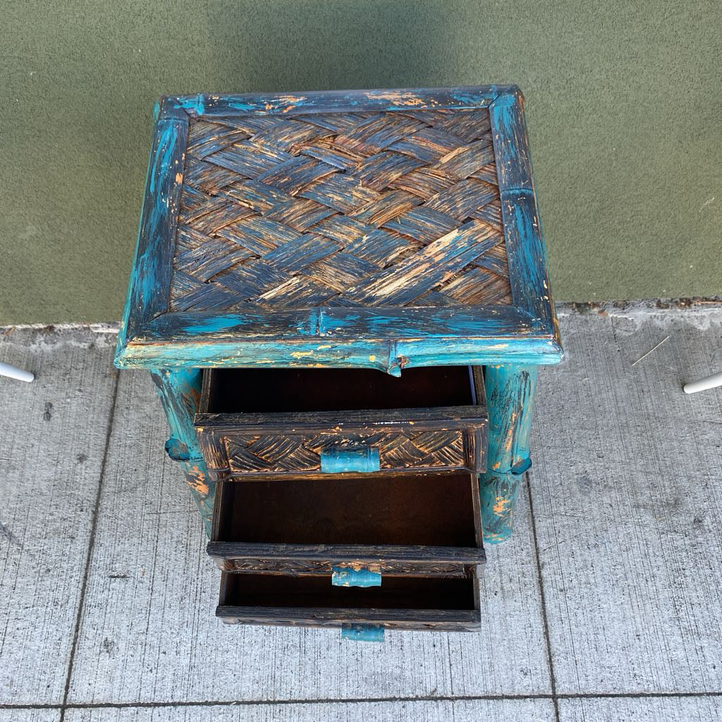 Teal Shabby Chic Rattan Three Drawer Side Table
