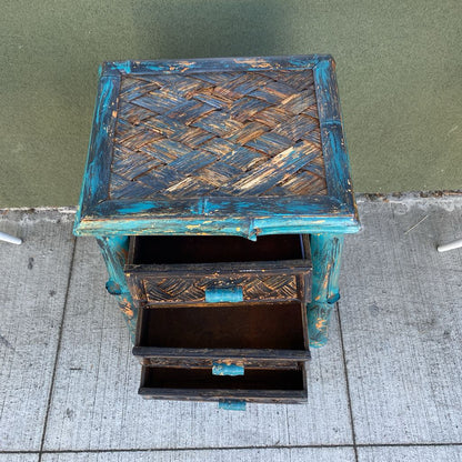 Teal Shabby Chic Rattan Three Drawer Side Table